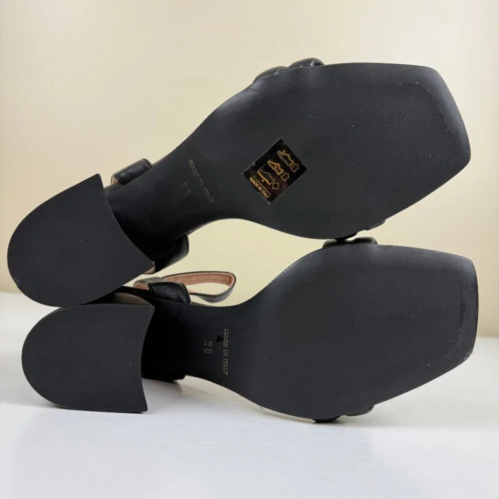 Prezioso Black Leather Stack Heel Sandals Made In Italy